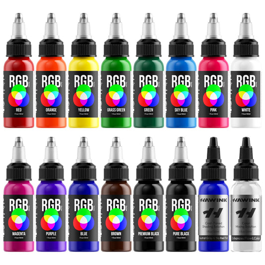 Hawink RGB Tattoo Ink Set 14 Colors and 2 Mix Solution 1 oz(30ml)