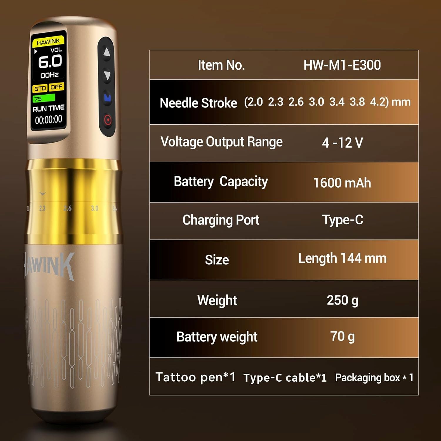 Hawink Wireless Tattoo Machine 3.3MM-4.5MM Adjustable Strokes E300