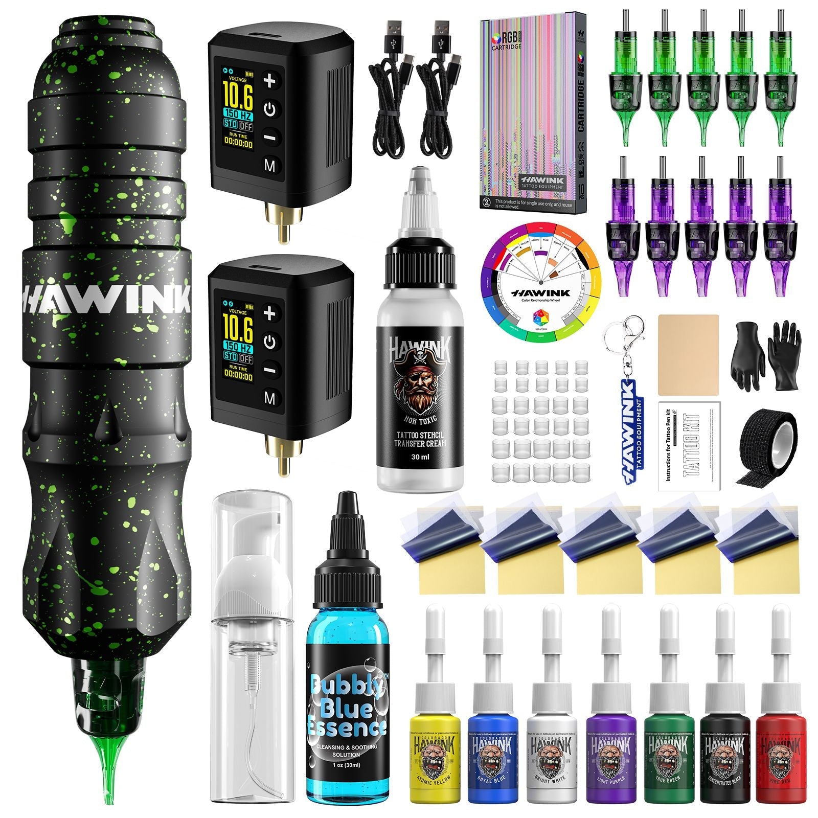 HAWINK professional wireless tattoo pen kit with dual batteries, ink, and RGB cartridges