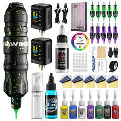 HAWINK professional wireless tattoo pen kit with dual batteries, ink, and RGB cartridges