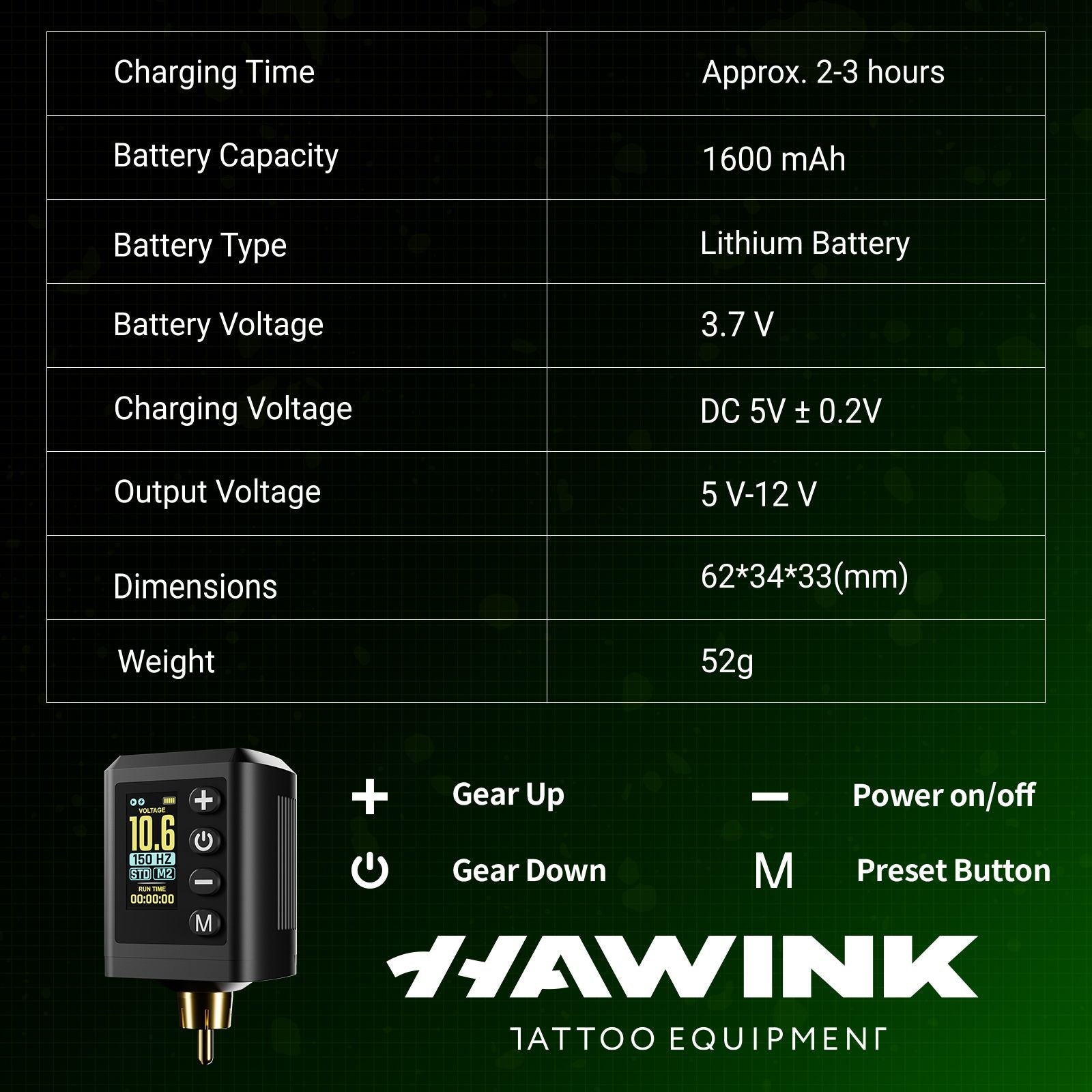 HAWINK professional wireless tattoo pen kit with dual batteries, ink, and RGB cartridges