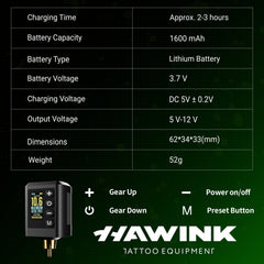 HAWINK professional wireless tattoo pen kit with dual batteries, ink, and RGB cartridges