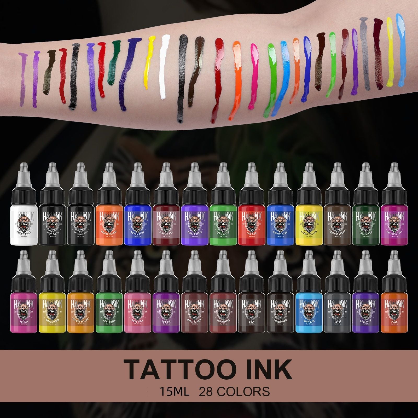 HAWINK 28 Colors Tattoo Ink Set Pigment Kit 1/2 oz (15ml)
