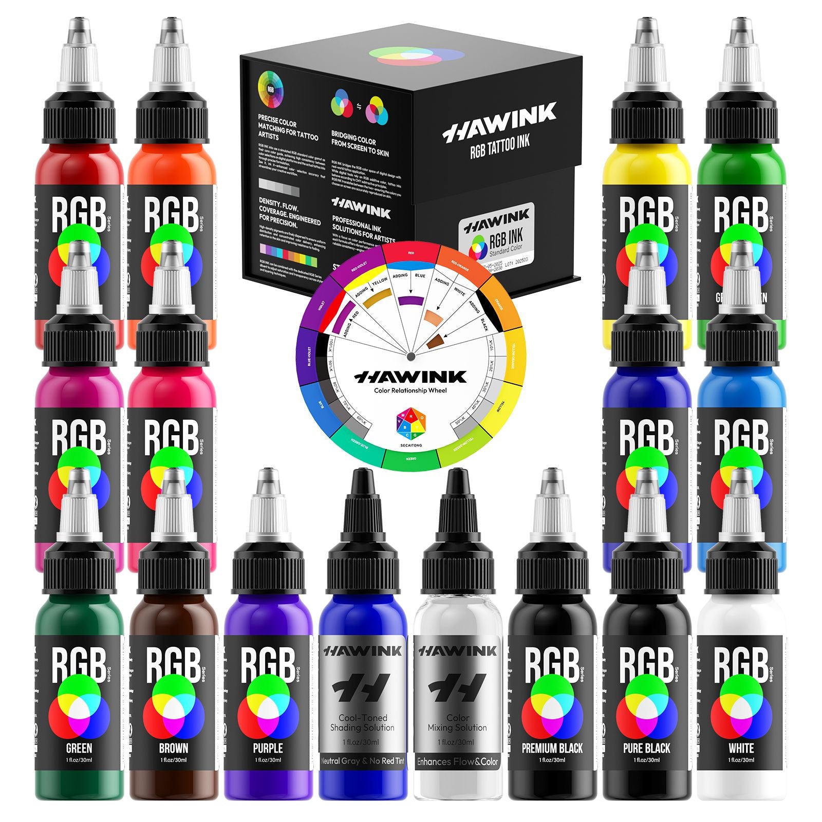 Hawink RGB Tattoo Ink Set 14 Colors and 2 Mix Solution 1 oz(30ml)