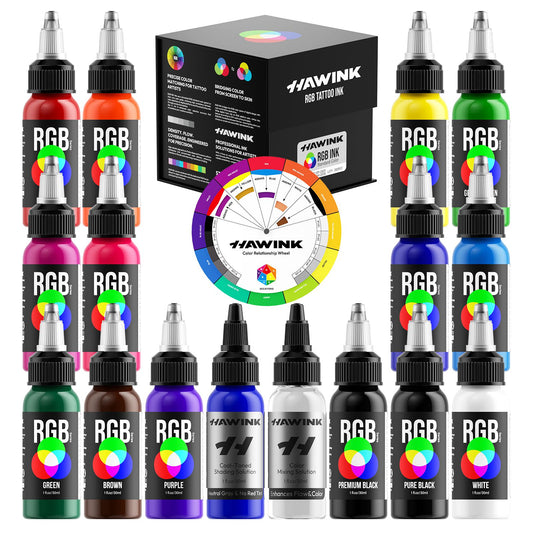 Hawink RGB Tattoo Ink Set 14 Colors and 2 Mix Solution 1 oz(30ml)