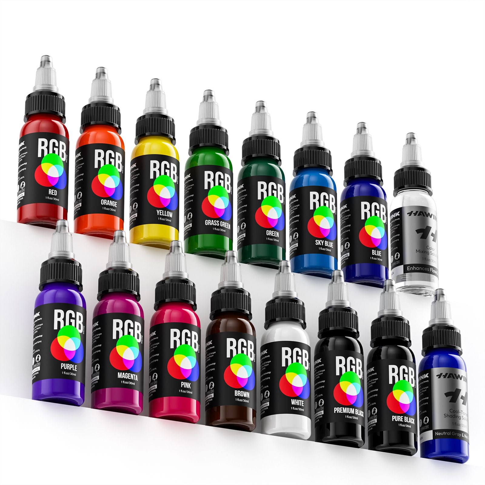 Hawink RGB Tattoo Ink Set 14 Colors and 2 Mix Solution 1 oz(30ml)