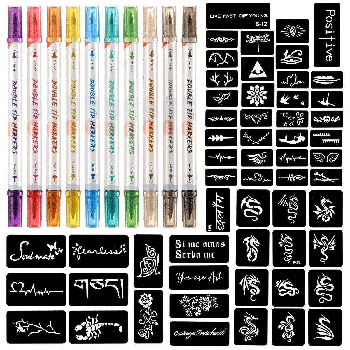 HAWINK temporary tattoo marker set with 10 dual-tip colored pens and various stencil patterns for skin art
