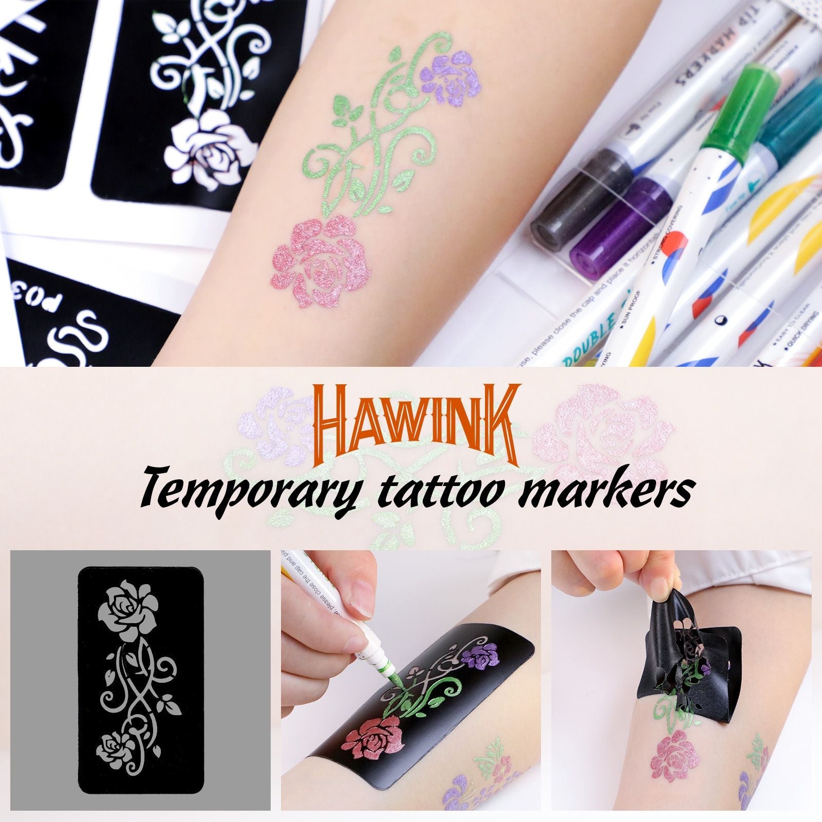 HAWINK temporary tattoo marker set with 10 dual-tip colored pens and various stencil patterns for skin art