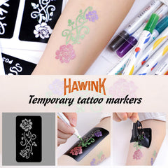 HAWINK temporary tattoo marker set with 10 dual-tip colored pens and various stencil patterns for skin art