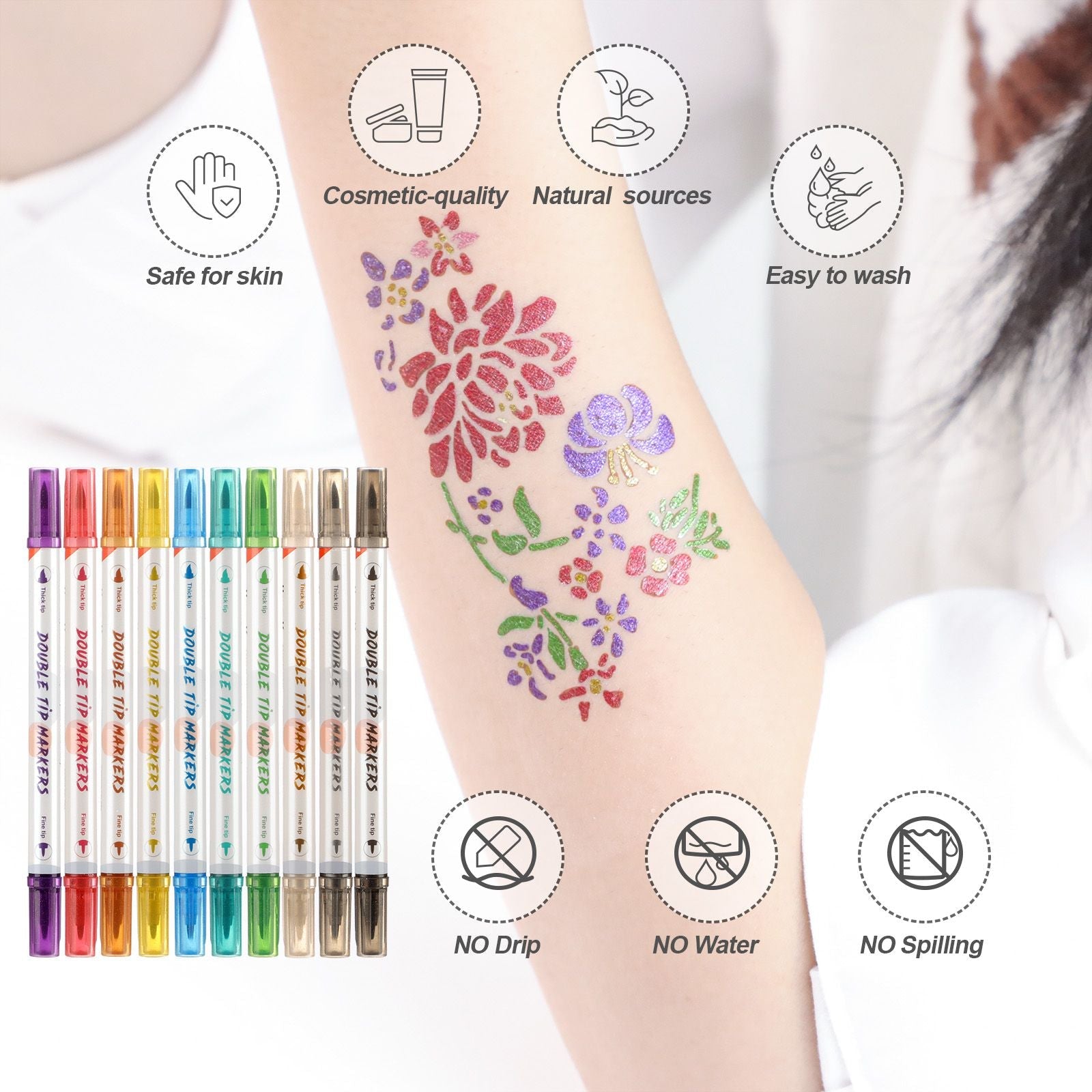 HAWINK temporary tattoo marker set with 10 dual-tip colored pens and various stencil patterns for skin art