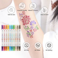 HAWINK temporary tattoo marker set with 10 dual-tip colored pens and various stencil patterns for skin art