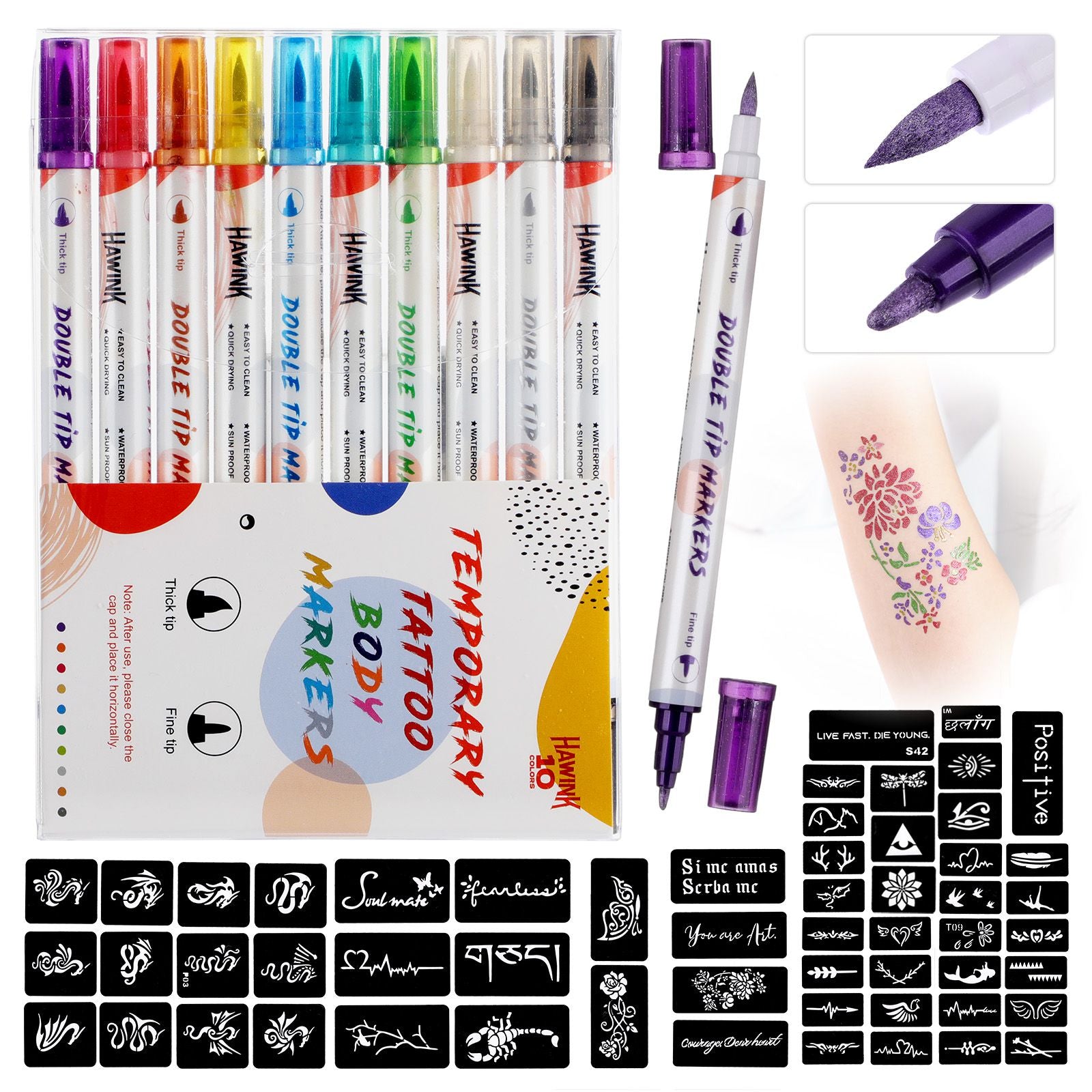 HAWINK temporary tattoo marker set with 10 dual-tip colored pens and various stencil patterns for skin art