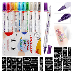 HAWINK temporary tattoo marker set with 10 dual-tip colored pens and various stencil patterns for skin art
